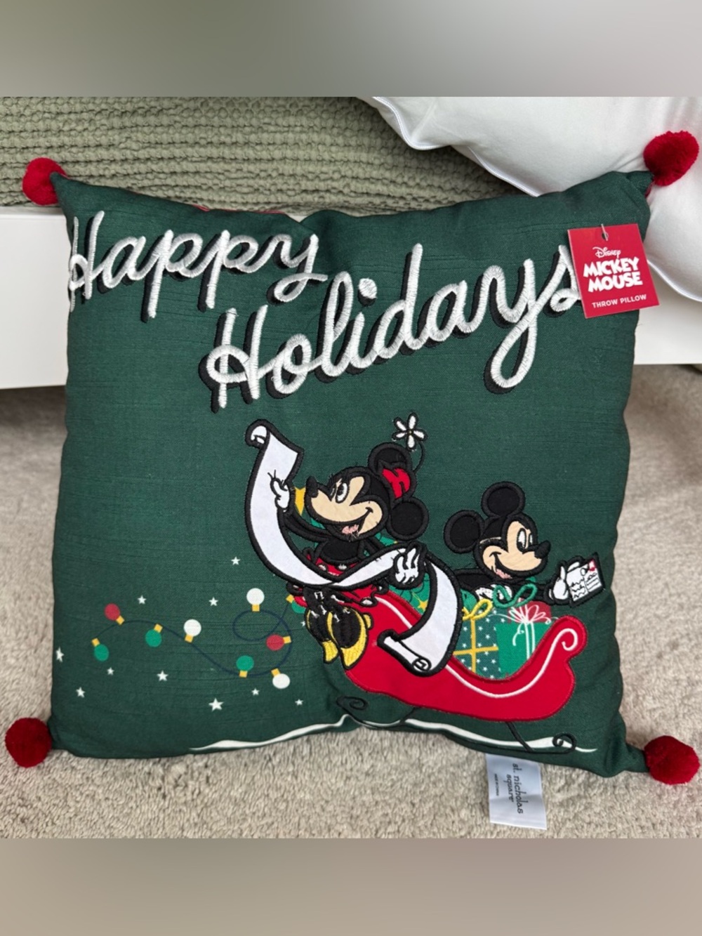 Disney Green "Happy Holidays" Throw Pillow w/ Mickey & Minnie Mouse